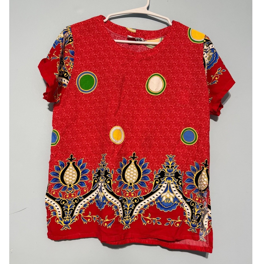 iModa by Lando & Susan XL Red Polka Dot Damask Border Print Tie Back Blouse 1556